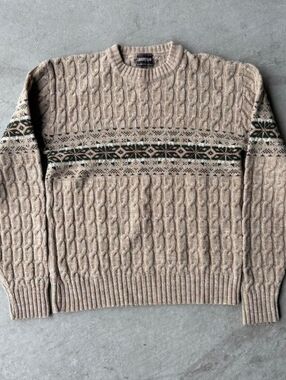 Beige Cable Knit Fair Isle Sweater - Men